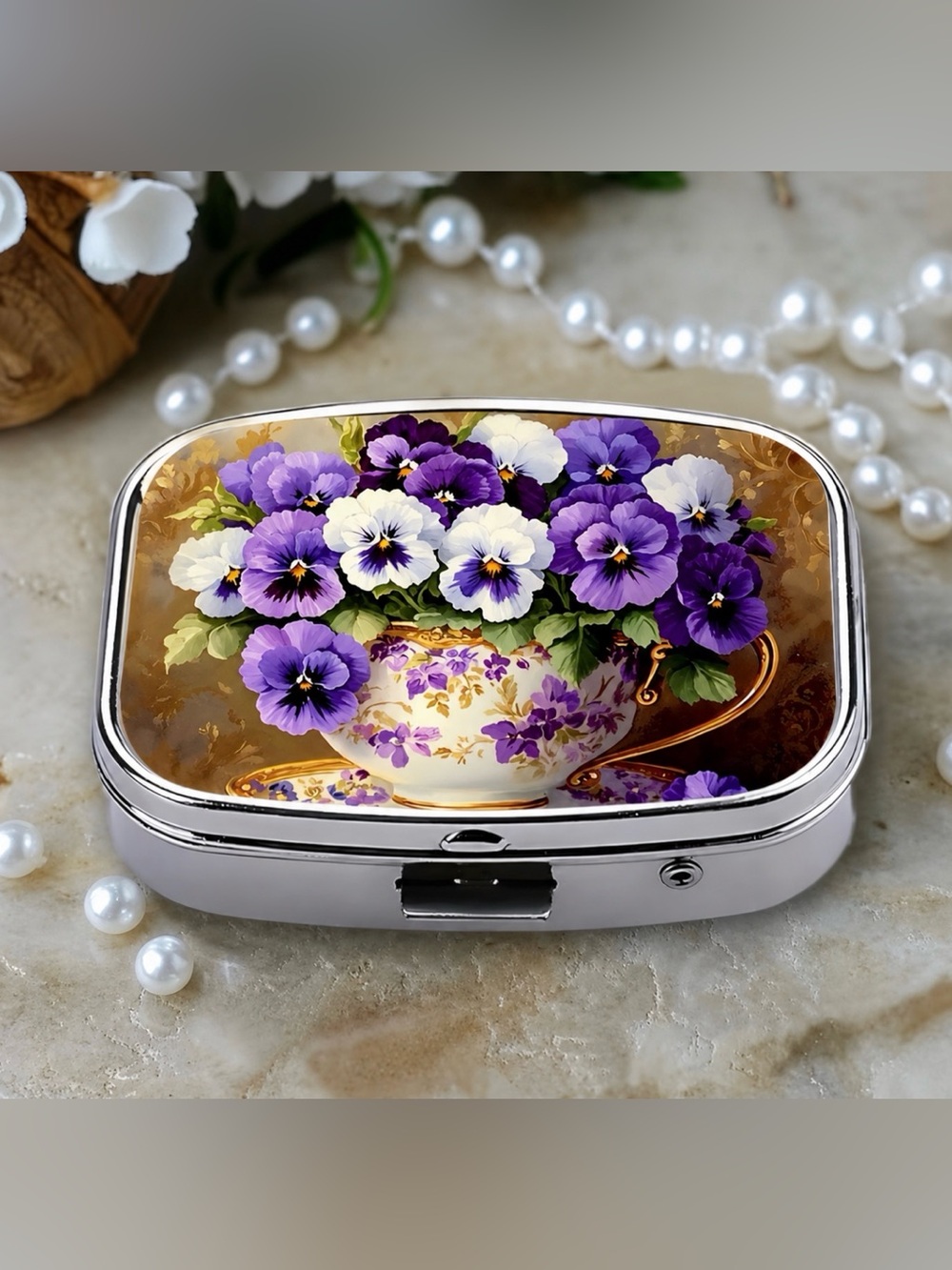 Pansy Floral Nature Inspired Pill Organizer 2-Compartment Compact Pill Case New